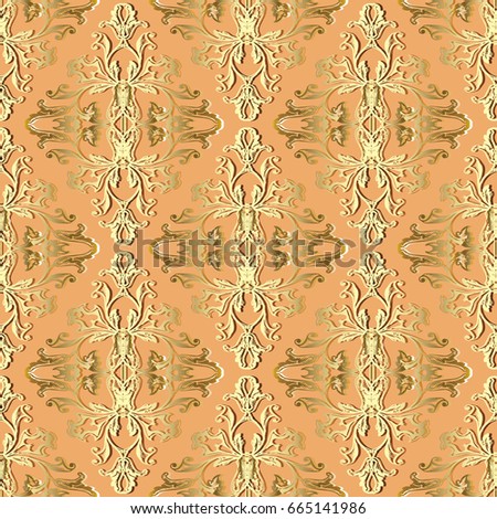 Damask seamless pattern. Light floral background wallpaper illustration with vintage gold 3d flowers, scroll swirl curve line art leaves and antique Baroque ornaments. Vector surface pattern texture
