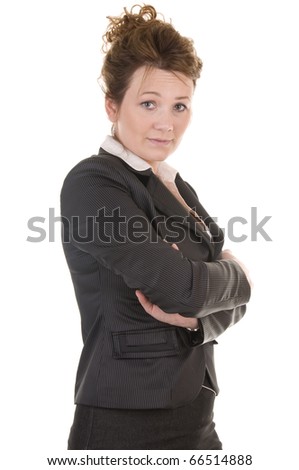 Serious business woman with testing stare isolated on white background