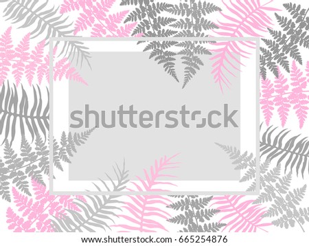 Detailed bracken herbs drawing in pink and grey, fern frond grass card with white border. Tropical forest plant leaves decoration background. Fern frond frame vector illustration.