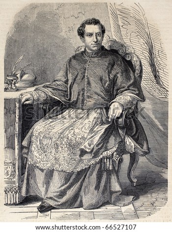 Antique illustration shows image of Cardinal Antonelli. Original, after design of  Marc, was published on "L'Illustration, Journal Universel", Paris, 1860