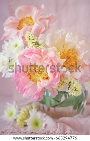 Close-up floral composition with a pink peonies.