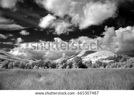 Infra-red images open parkland and mountains, Loch Lomond, Scotland