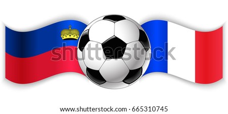 Liechtenstein and French wavy flags with football ball. Liechtenstein combined with France isolated on white. Football match or international sport competition concept.