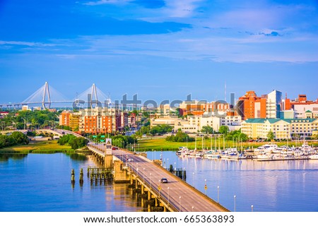 Charleston, South Carolina, USA skyline over the Ashley River. Royalty-Free Stock Photo #665363893