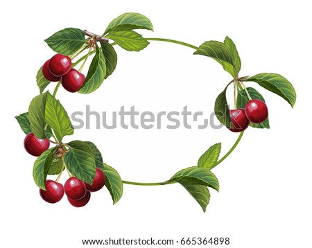 cartoon scene with beautiful and colorful cherries frame on white background