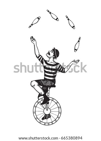 Circus juggler vector illustration. Scratch board style imitation. Hand drawn image.