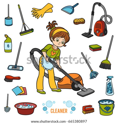 Vector set with girl and objects for cleaning. Cartoon colorful items