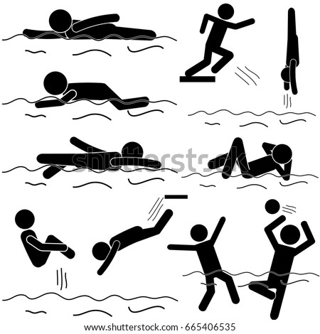 Swimming Sports as Active Life Style and Health Care. Stick Figure Vector Icons