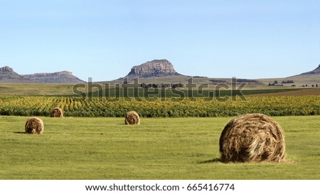 Hay bales and mountains  behind. 