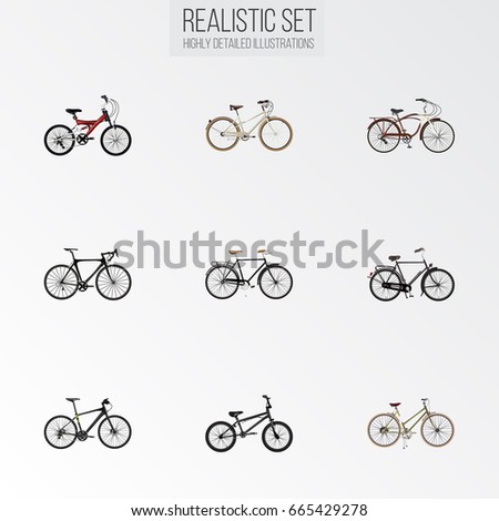 Realistic Training Vehicle, Adolescent, Hybrid Velocipede And Other Vector Elements. Set Of  Realistic Symbols Also Includes Bike, Bicycle, Woman Objects.