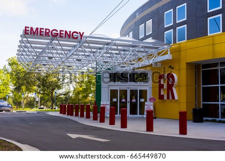 Hospital Emergency Entrance with big red Letters