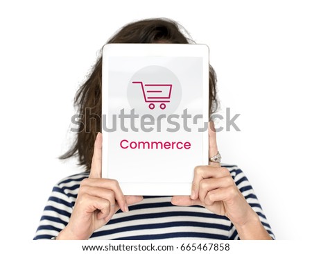 Woman holding network graphic overlay digital device covering face