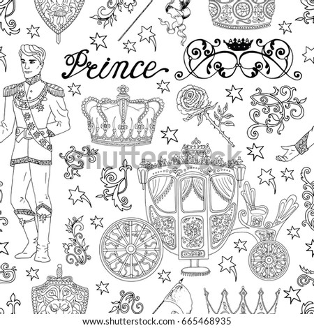 Seamless background with black and white prince and royal accessories. Graphic vector illustration, doodle sketch with vintage design elements. Suitable for invitation, greeting cards