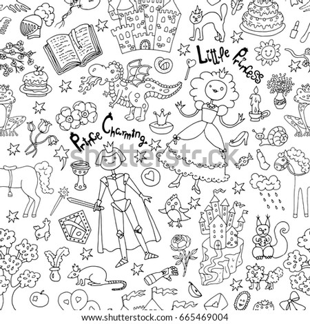 Seamless doodle background with black and white prince and princess concept. Graphic vector illustration, sketch with vintage design elements. Suitable for invitation, greeting cards