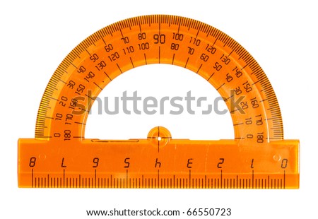 Orange plastic protractor, isolated on a white background