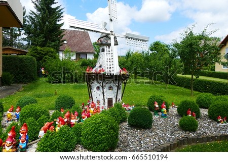 Typical German mania with lots of garden gnomes on the property, 
district Alfeld, Lower Saxony, Germany
