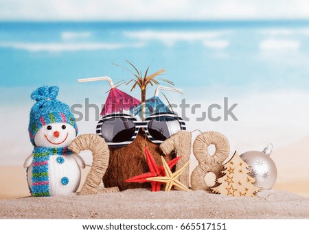 New Year inscription 2018, coconut with straws instead of the number 0 and sunglasses, snowman, Christmas tree, Christmas ball and starfish on the sand.