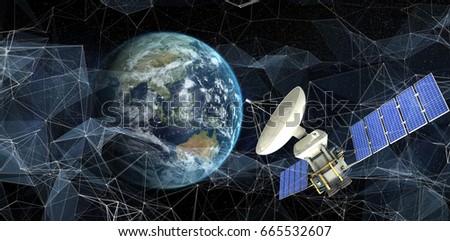Vector image of 3d solar powered satellite against image of the earth