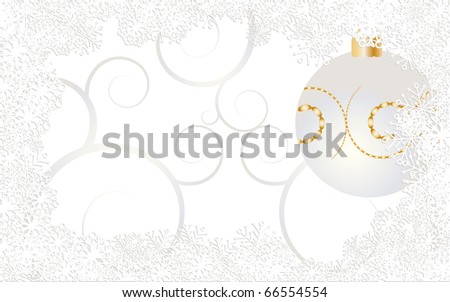 Christmas card decorated with snowflakes, curls and bauble on white background, vector illustration