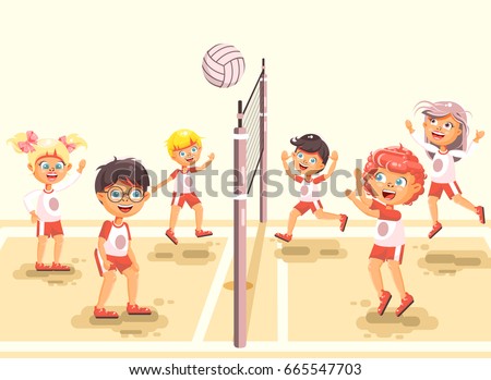 Stock vector illustration back to sport school children character schoolgirl schoolboy pupil classmates team game playing volleyball ball at physical education class sandy beach background flat style