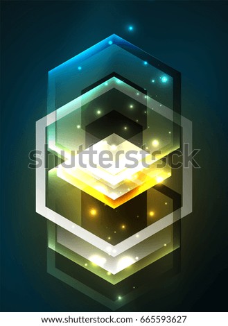 Techno glowing glass hexagons vector background, futuristic dark template with neon light effects and simple forms