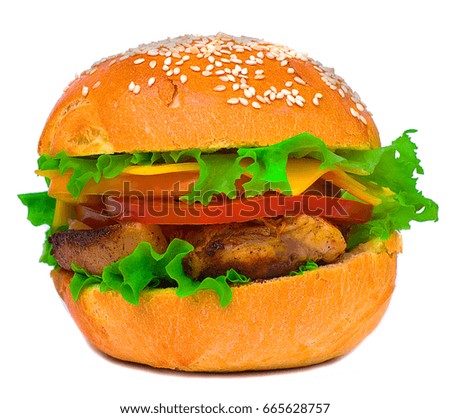 Fresh tasty burger isolated on white background with lettuce, tomato, cheese, onion