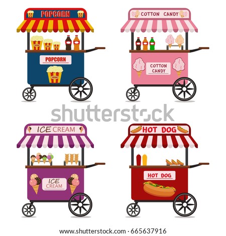 Street food cart vector illustration set Candy corn container seller cart. Popcorn cart snack food market flat vector illustration.