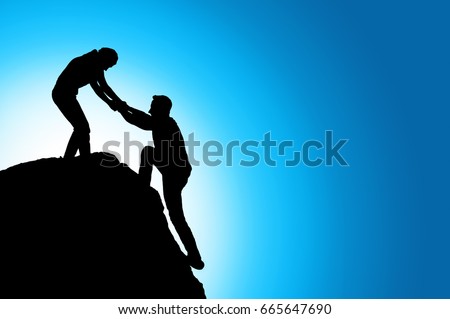 Silhouette of helping hand between two climber - Stock Image