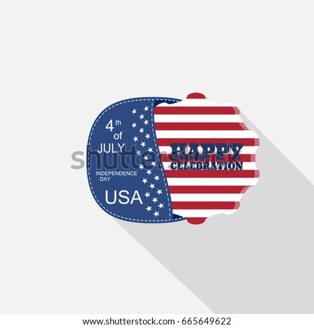 Vector flat web element for Independence Day with blue pocket, insert with american flag and long shadow on the light gray background.