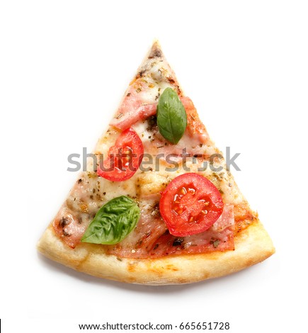 Pizza. Fresh Italian margherita with salami, basil and tomato isolated on white background. Top view Royalty-Free Stock Photo #665651728