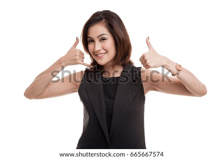 Young Asian woman thumbs up show with phone gesture isolated on white background
