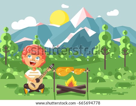 Stock vector illustration cartoon character child boy scout frying meat on open fire and sing songs, play guitar on nature, survival rules, adventure park outdoor background of mountains flat style