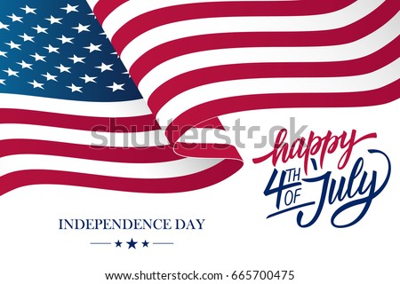 Happy 4th of July USA Independence Day greeting card with waving american national flag and hand lettering text design. Vector illustration. Royalty-Free Stock Photo #665700475