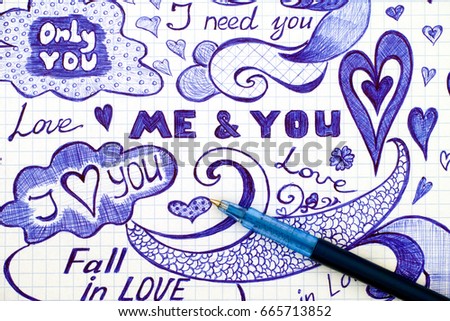 Hand drawn love doodles messages on checkered paper with ballpoint pen. Royalty-Free Stock Photo #665713852