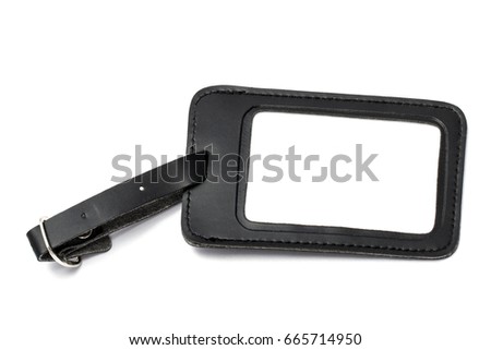 Black leather luggage tag isolated on white background 