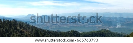 Panoramic of valley near Cerro Pelon Sanctuary for Monarch Butterflies in Mexico State, Mexico Royalty-Free Stock Photo #665763790