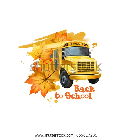 Back to school digital art illustration. Beginning of studying year. Hand drawn american yellow school bus vehicle with yellow maple leaves isolated on white background. Graphic clipart design concept