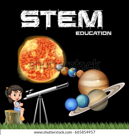 Stem education poster design with girl and solar system illustration