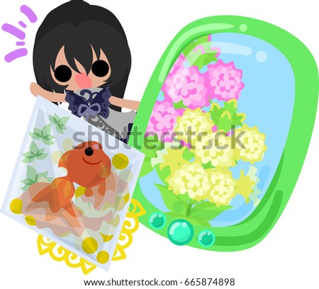 A cute little girl and a goldfish bowl and a smart phone
