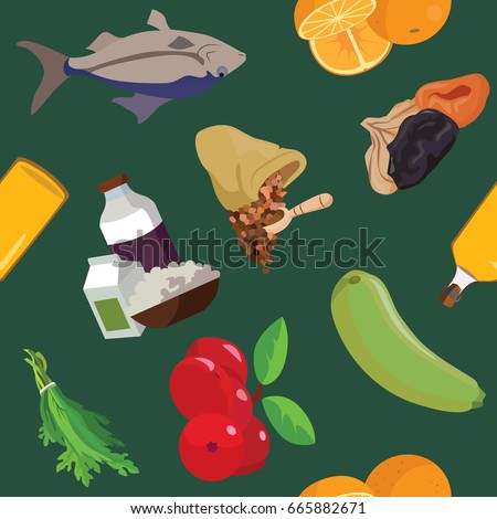 Fish, dairy products, cereals, fruits, dried fruits, berries, vegetables, greens, oil - useful products. For your convenience, each significant element is in a separate layer. Eps 10