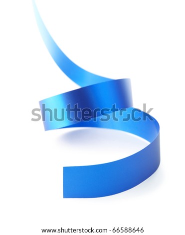 Curved blue paper ribbon isolated on white. Closeup. Celebratory image.