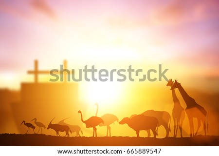 Silhouette of Noah's Ark with animal walk to the big boat on sunset light Royalty-Free Stock Photo #665889547
