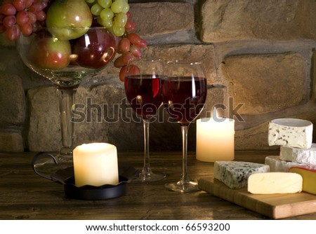 Red wine, cheese and fruit composition