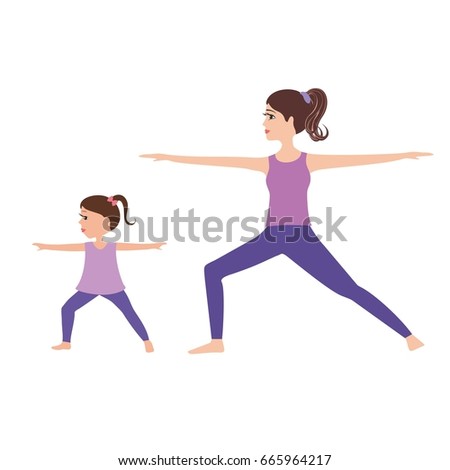 Young Mother and daughter doing yoga together.Mom and baby yoga vector illustration.Happy family yoga. Isolated on white background.