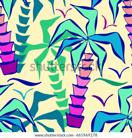 Vector illustration with palma, boat, waves, gulls. Tropical mood.Good for textile fabric design, wrapping paper and website wallpapers. Vector illustration.