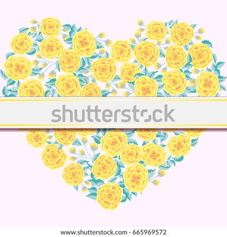 Floral invitation, heart of yellow roses. Greeting card template from garden charming flowers. Design artwork for the poster, wedding invitation, calendars. Place for text. 