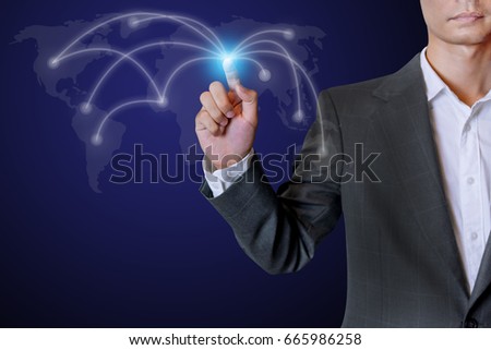 Business man touch social network structure of Digital composite on light  of Midsection with globe background. Selective focus on the finger.