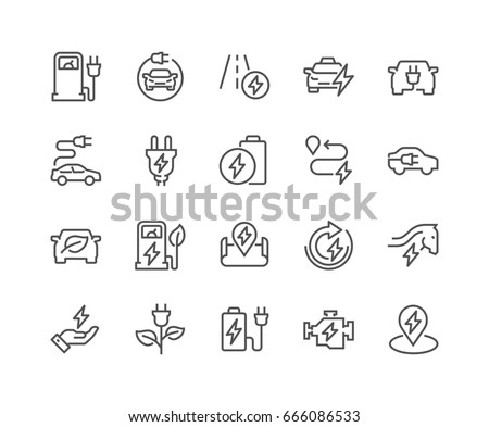 Simple Set of Electro Car Related Vector Line Icons. 
Contains such Icons as Charger Station, Travel Distance, Torque, Power and more.
Editable Stroke. 48x48 Pixel Perfect.