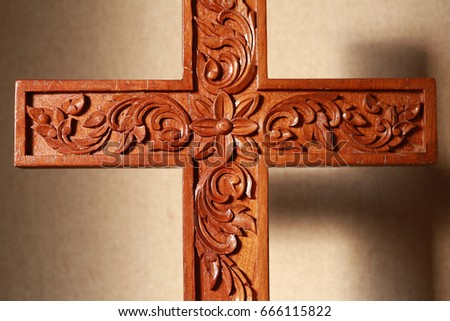 Wooden Christian cross with Wood carving work pattern in Thai style.