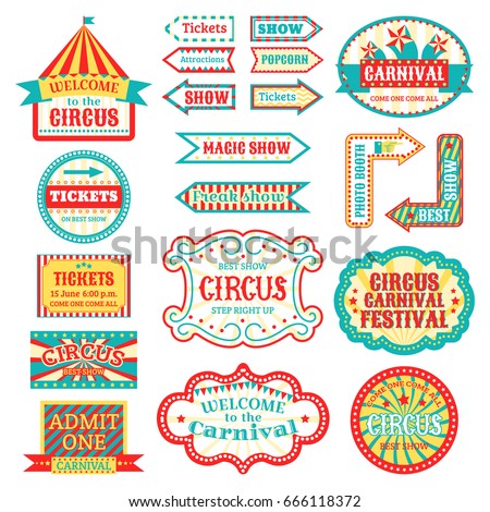 Circus vintage signboard labels banner vector illustration isolated on white entertaining banner sign Royalty-Free Stock Photo #666118372